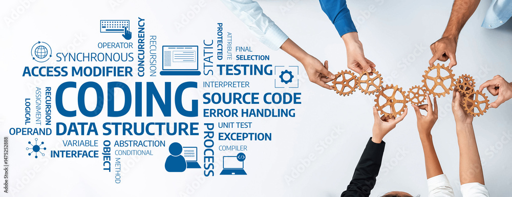 Fototapete A dynamic representation of teamwork in software development, featuring hands holding gears. This image symbolizes coding, data structure, testing, and collaborative processes. Amity
