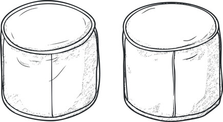 Hand drawn black and white illustration of two round marshmallows isolated on white background