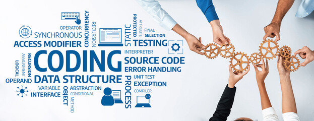 A dynamic representation of teamwork in software development, featuring hands holding gears. This image symbolizes coding, data structure, testing, and collaborative processes. Amity