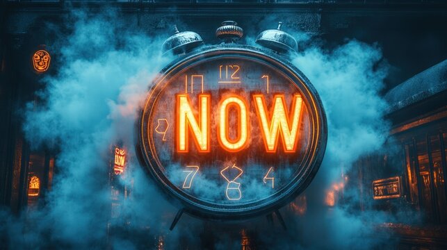 Vintage alarm clock glows with vibrant NOW message, surrounded by smoky atmosphere