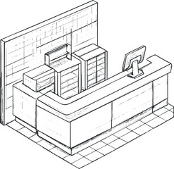 Isometric line art illustration of a modern reception desk with computer monitor and storage cabinets