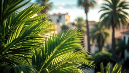 Fototapeta premium Bright sunny day view of palms from the terrace of the villa