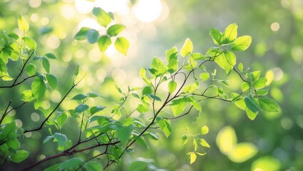 Emerging young green leaves on a twig. Hazy sunny backdrop with bokeh. Radiant natural concept. The essence of revival, warmth, and happiness. Nature protection greeting card. Springtime in the park.