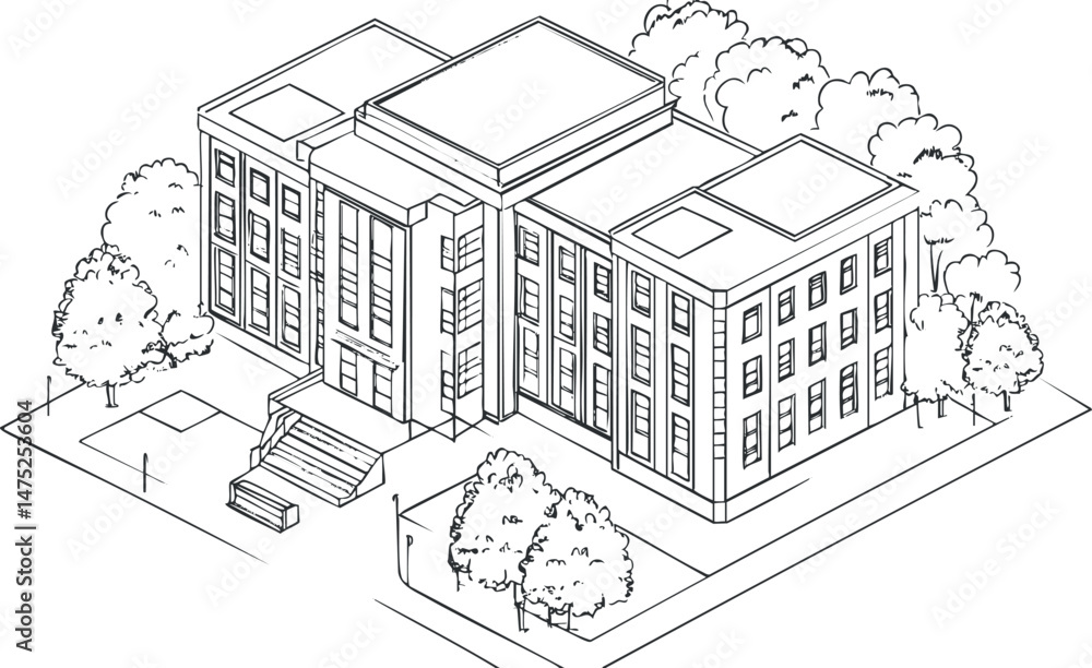 Poster isometric line drawing of a modern office building with trees and stairs in an urban setting