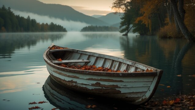 Paddle boat drifting on a lake amidst autumn leaves