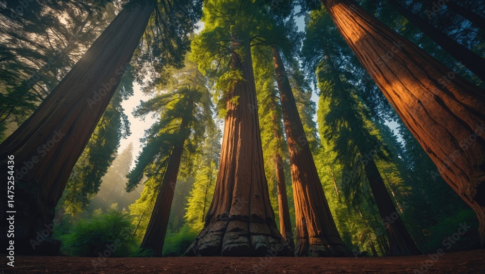 Poster looking up from the lower part of a sequoia tree