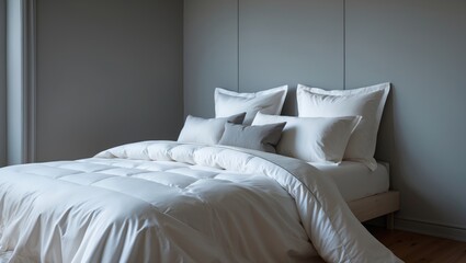 Empty bedroom with white bedspread, pillows, and linens shown in a mockup format