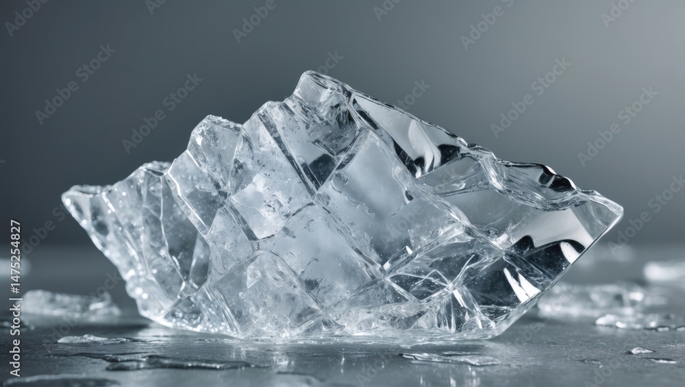 Poster transparent ice chunk with fractures on a gray backdrop.
