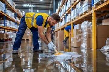 Male warehouse worker cleaning spilled material in industrial storage facility
