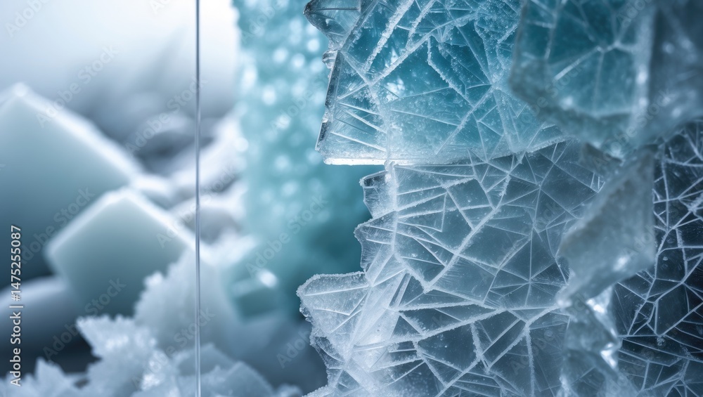 Poster cold pattern. frost on a window with intricate ice crystal textures. close-up photograph featuring t