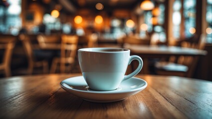 A coffee cup on a timber table with a soft-focus background