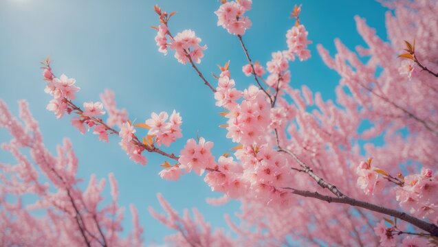 Blooming first cherry blossoms: pink flowers on branches and twigs in Japan's springtime