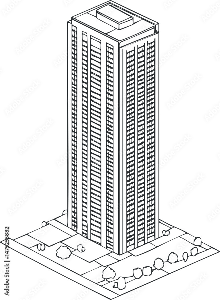 Aufkleber isometric line drawing of a tall skyscraper building with surrounding trees and sidewalk in urban se