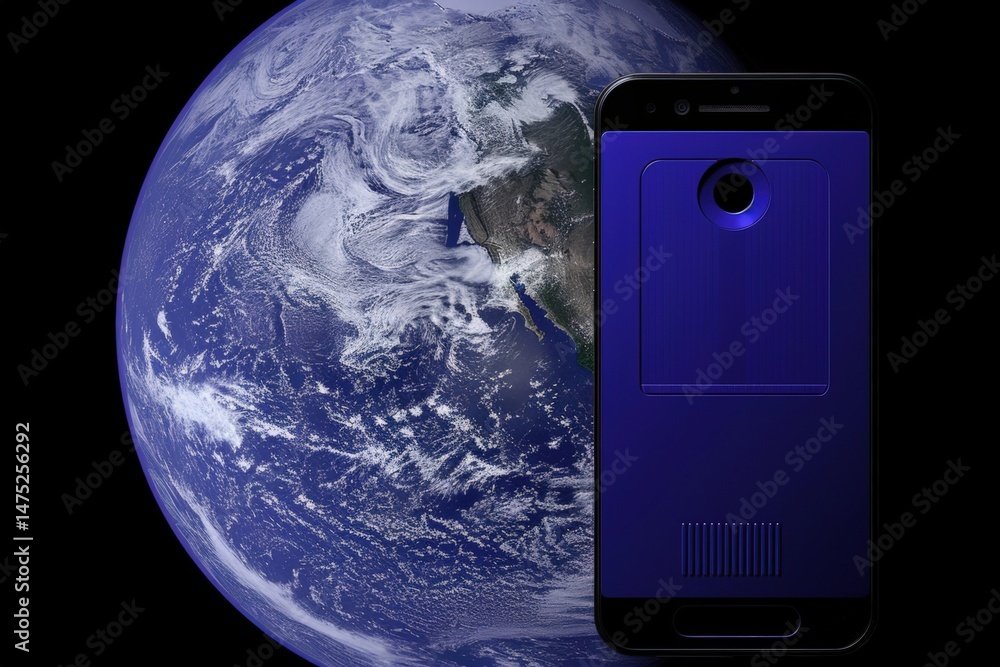 Poster a smartphone is displayed in front of a view of earth from space, symbolizing global connectivity an