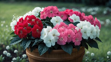 Garden pot filled with hybrid impatiens featuring red, white, and striped blooms