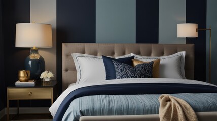 A modern bedroom interior design featuring vertical stripes.