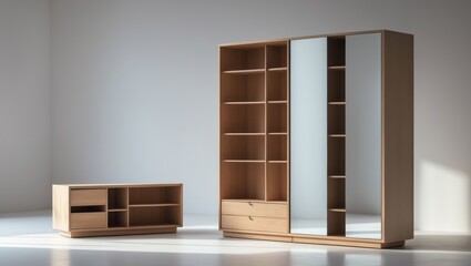 trendy wooden book shelf displayed on a white canvas