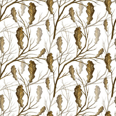 Seamless pattern with autumn oak leaves and branches. Handmade watercolor illustration. Color image. Great for packaging, decor, textiles and wallpaper, for printing and wrapping paper.