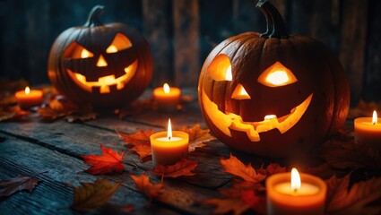 Fototapeta premium Festive Halloween design featuring burning candles in carved pumpkins on wooden surface