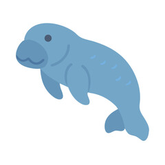 Simplified blue manatee illustration swimming on black background art