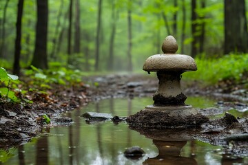 Forest path with stone sculpture and puddles on misty day