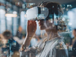 Female executive exploring virtual reality simulation within modern office space