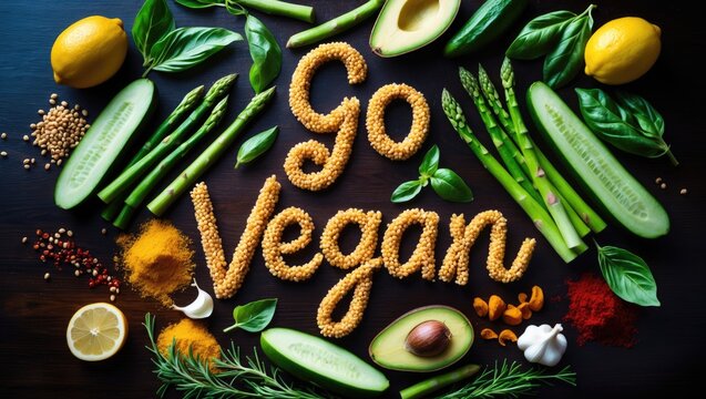 Naklejki Lettered Go Vegan Idea Accompanied by Various Fresh Green Organic Vegetables and Lentils Set on a Dark Background