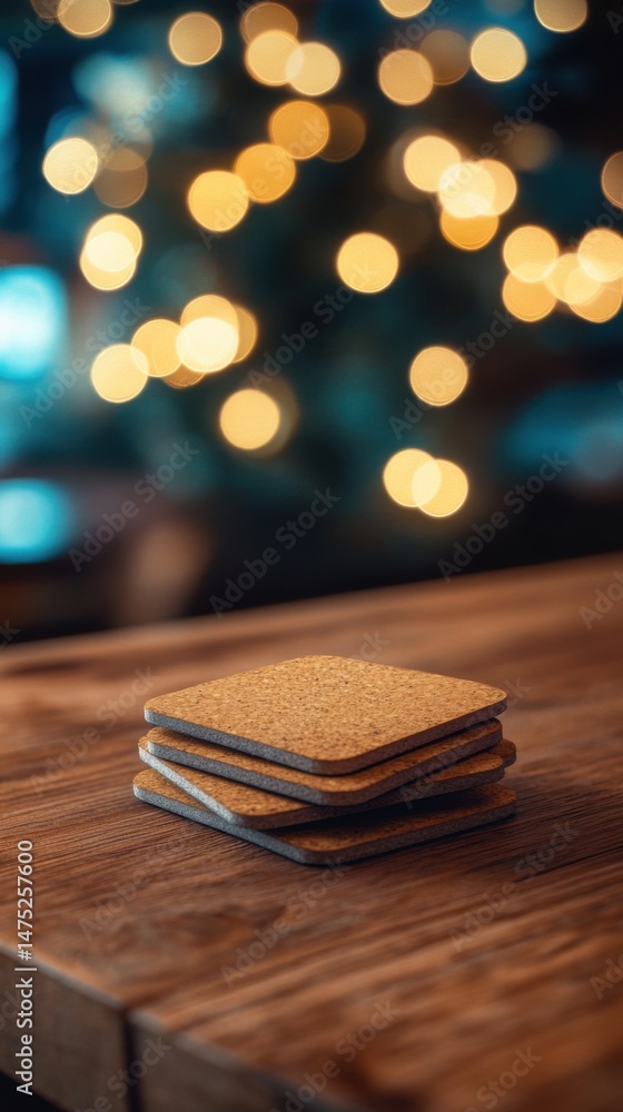 Poster stack of cork coasters on wooden table with bokeh lights background in vertical close up still life 
