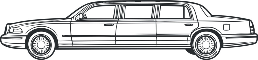 Black and white side view illustration of a classic luxury limousine car with long body and elegant design