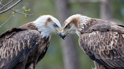 Obraz premium Two majestic eagles in close proximity, their eyes locked in an intense stare. Their plumage is a blend of brown and white, with a striking presence