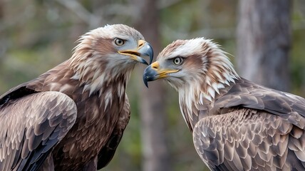 Obraz premium Two eagles face each other in a close-up shot, their beaks almost touching. The image showcases the intricate details of their feathers and intense expressions.