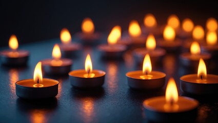 Lit candles on a blackened background