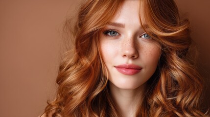 Fototapeta premium A beautiful young woman with vibrant red hair and stunning blue eyes gazes directly at the viewer, exuding confidence and charm in a softly lit environment with warm tones