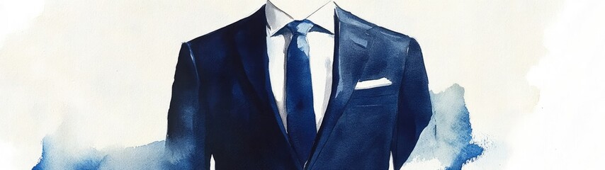 Watercolor painting of a navy blue suit and white shirt with tie.