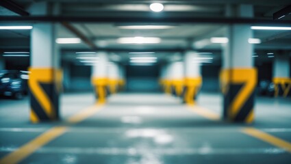 Fototapeta premium Soft-focus image of an underground parking garage for vehicles.