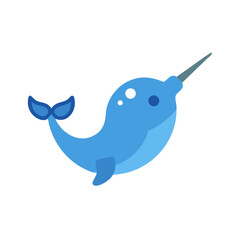 Cute cartoon narwhal swimming isolated on a black background