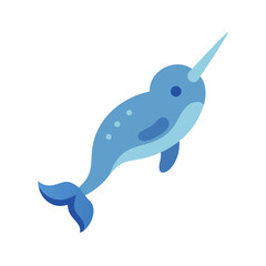 Flat design cartoon illustration of a blue narwhal on black