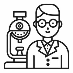 A man in a lab coat is wearing goggles and holding a microscope
