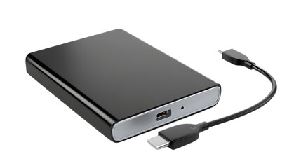 Close up of a sleek black external hard drive with a usb c cable on a plain black background