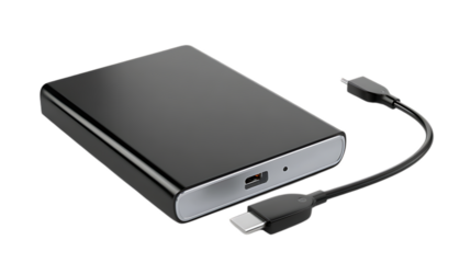 Close up of a sleek black external hard drive with a usb c cable on a plain black background