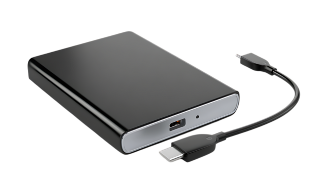 Close up of a sleek black external hard drive with a usb c cable on a plain black background