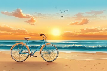 Obraz premium Turquoise bicycle parked on a sandy beach during a vibrant sunset scene
