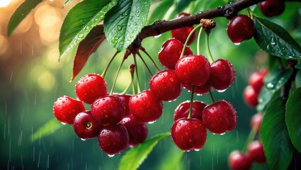 Obraz premium Colorful acerola cherries in the garden, high in vitamin C and antioxidant properties.