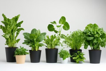 Fototapeta premium Fresh herbs and leafy greens arranged in pots on a clean surface in a bright indoor setting
