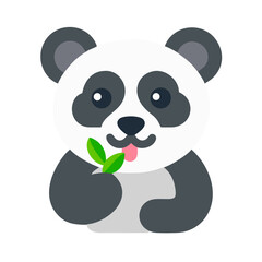 Cute flat panda holding bamboo leaves against black background