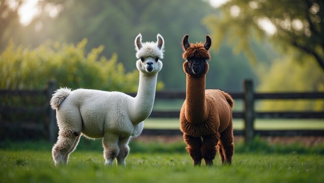 Little alpaca crias on the green pasture farm