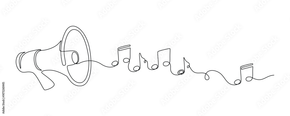 Leinwandbilder loudspeaker with music note in one continuous line drawing. megaphone translating sound and voice so