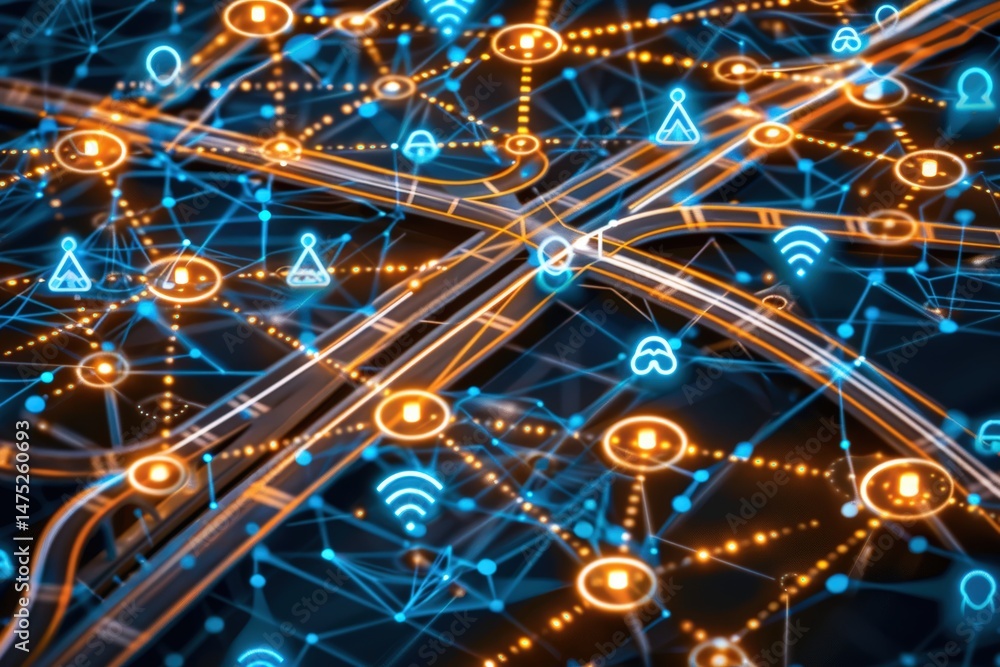 Poster a digital illustration of interconnected highways overlaid with glowing network icons symbolizing sm