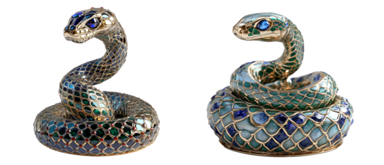 Elegant emerald snake sculpture with mosaic patterns and blue gemstones isolated on white transparent background