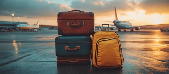 Suitcases sit on tarmac with planes nearby